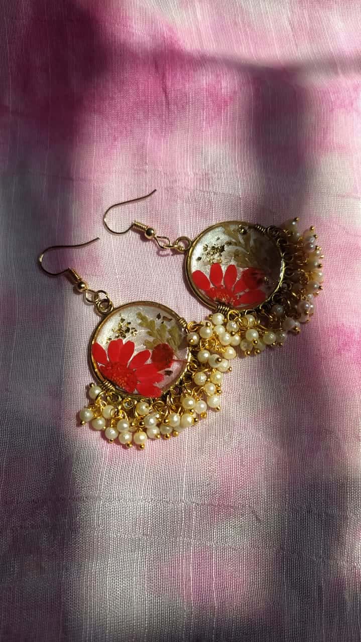 Golden Floral Jhumka Earrings - Handmade Resin Jewelry - Resin jewelry Bangladesh ৳500 - Thumbnail 2
