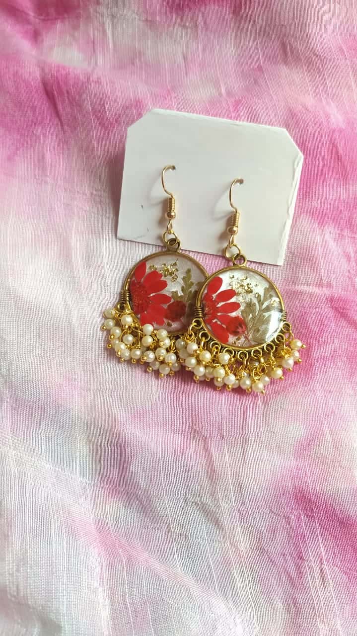 Golden Floral Jhumka Earrings - Handmade Resin Jewelry - Resin jewelry Bangladesh ৳500 - Thumbnail 3