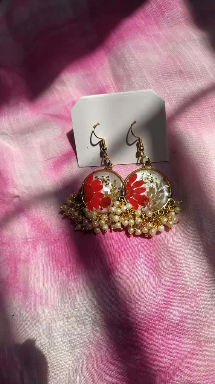 Golden Floral Jhumka Earrings - Handmade Resin Jewelry - Resin jewelry Bangladesh ৳500 - Thumbnail 4