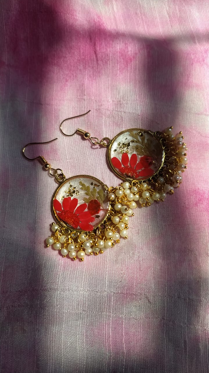 Golden Floral Jhumka Earrings - Handmade Resin Jewelry - Handmade resin jewelry Bangladesh - Price ৳500 - Free delivery Dhaka - View 2