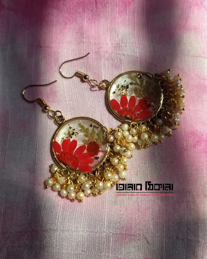 Golden Floral Jhumka Earrings - Handmade Resin Jewelry - Handmade resin jewelry Bangladesh - Price ৳500 - Free delivery Dhaka - View 1